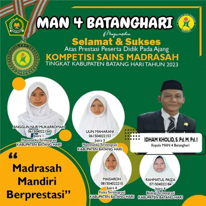 4 SISWA MAN 4 BATANG HARI RAIH JUARA KSM TINGKAT KABUPATEN TAHUN 2023