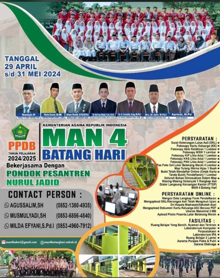 PEMBUKAAN PENDAFTARAN PPDB TAHUN PELAJARAN 2024/2025 DI MAN 4 BATANGHARI